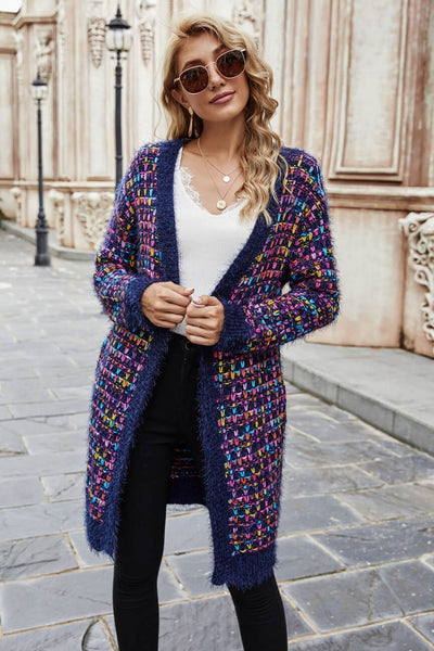 Multicolored Ribbed Trim Open Front Cardigan with Pockets - SHE BADDY© ONLINE WOMEN FASHION & CLOTHING STORE