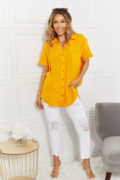 Zenana Full Size Summer Breeze Gauze Short Sleeve Shirt in Mustard - SHE BADDY© ONLINE WOMEN FASHION & CLOTHING STORE