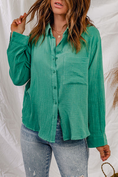 Textured Button Down Shirt with Pocket - SHE BADDY© ONLINE WOMEN FASHION & CLOTHING STORE