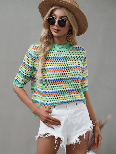 Striped Openwork Half Sleeve Knit Top - SHE BADDY© ONLINE WOMEN FASHION & CLOTHING STORE