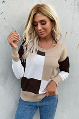 Color Block Ribbed Trim Round Neck Knit Pullover - SHE BADDY© ONLINE WOMEN FASHION & CLOTHING STORE