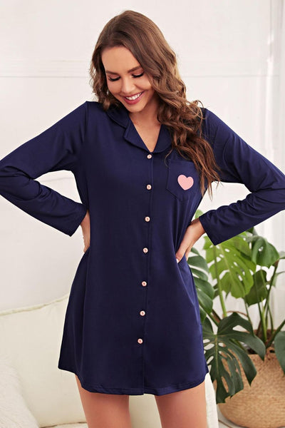 Heart Graphic Lapel Collar Night Shirt Dress - SHE BADDY© ONLINE WOMEN FASHION & CLOTHING STORE