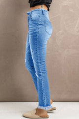 High Waist Distressed Raw Hem Jeans - SHE BADDY© ONLINE WOMEN FASHION & CLOTHING STORE