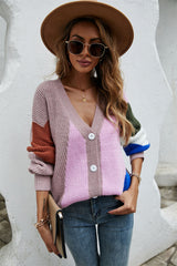 Contrast Button Front V-Neck Cardigan - SHE BADDY© ONLINE WOMEN FASHION & CLOTHING STORE