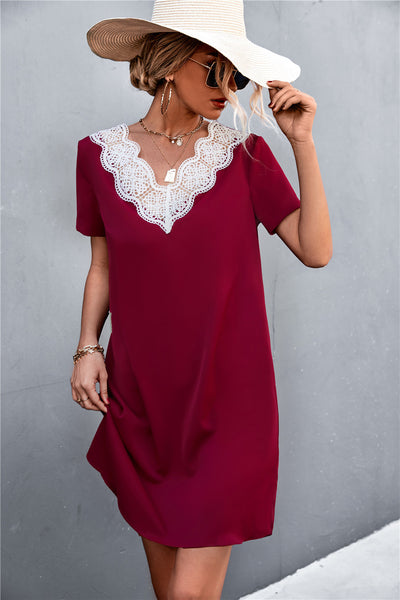 Spliced Lace Contrast Short Sleeve Dress - SHE BADDY© ONLINE WOMEN FASHION & CLOTHING STORE