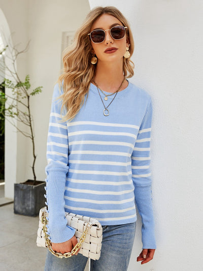 Striped Decorative Button Knit Top - SHE BADDY© ONLINE WOMEN FASHION & CLOTHING STORE