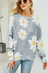 Daisy Print Openwork Round Neck Sweater - SHE BADDY© ONLINE WOMEN FASHION & CLOTHING STORE