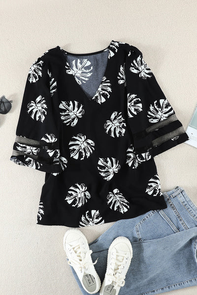 Botanical Print V-Neck Puff Sleeve Blouse - SHE BADDY© ONLINE WOMEN FASHION & CLOTHING STORE