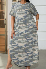 Plus Size Short Sleeve Split Curved Hem Dress - SHE BADDY© ONLINE WOMEN FASHION & CLOTHING STORE