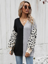 Leopard Color Block V-Neck Tunic Pullover Sweater - SHE BADDY© ONLINE WOMEN FASHION & CLOTHING STORE