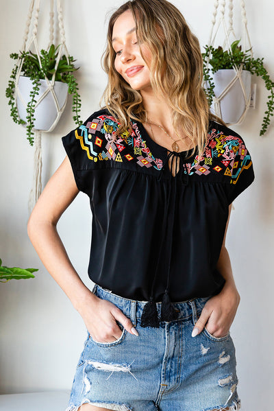 Embroidered Tie-Neck Tassel Blouse - SHE BADDY© ONLINE WOMEN FASHION & CLOTHING STORE