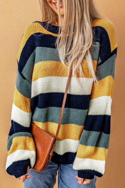 Striped Dropped Shoulder Knitted Pullover Sweater - SHE BADDY© ONLINE WOMEN FASHION & CLOTHING STORE