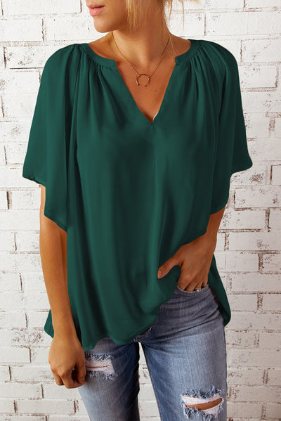 Gathered Detail Notched Neck Flutter Sleeve Top - SHE BADDY© ONLINE WOMEN FASHION & CLOTHING STORE