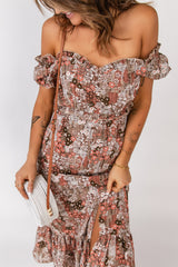 Floral Off-Shoulder Frill Trim Split Dress - SHE BADDY© ONLINE WOMEN FASHION & CLOTHING STORE