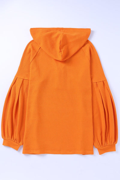 Puff Sleeve Side Slit Buttoned Waffle Knit Hoodie - SHE BADDY© ONLINE WOMEN FASHION & CLOTHING STORE