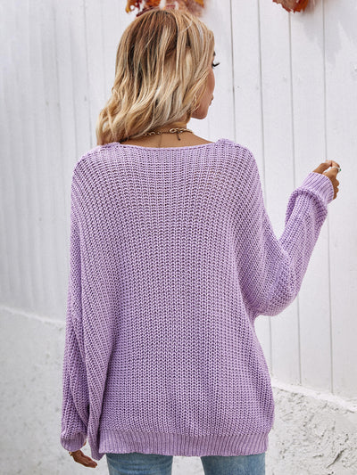 Rib-Knit Drop Shoulder V-Neck Pullover Sweater - SHE BADDY© ONLINE WOMEN FASHION & CLOTHING STORE