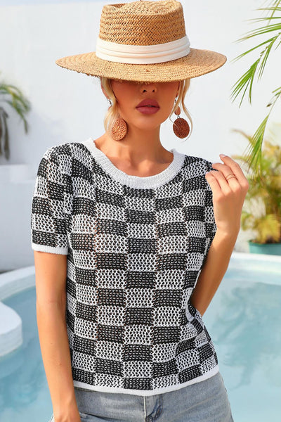 Checkered Short Sleeve Knit Top - SHE BADDY© ONLINE WOMEN FASHION & CLOTHING STORE