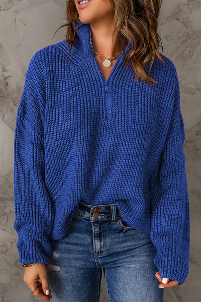 Half Zip Rib-Knit Dropped Shoulder Sweater - SHE BADDY© ONLINE WOMEN FASHION & CLOTHING STORE