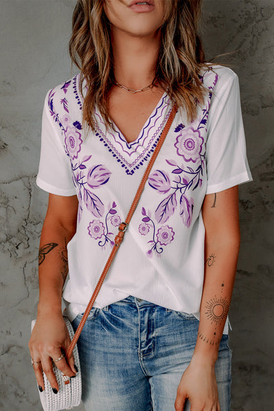 Floral Embroidery V-Neck Top - SHE BADDY© ONLINE WOMEN FASHION & CLOTHING STORE