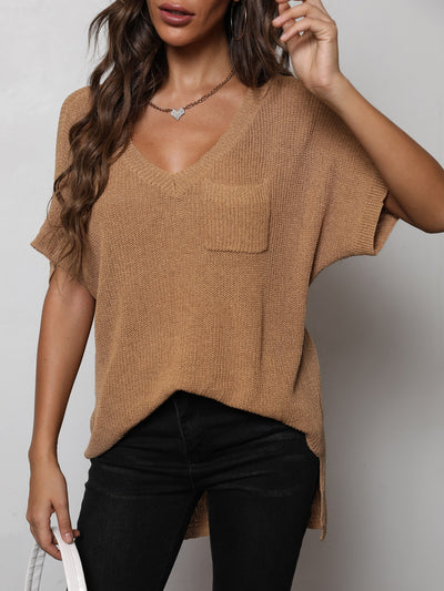 V-Neck Slit High-Low Knit Top - SHE BADDY© ONLINE WOMEN FASHION & CLOTHING STORE