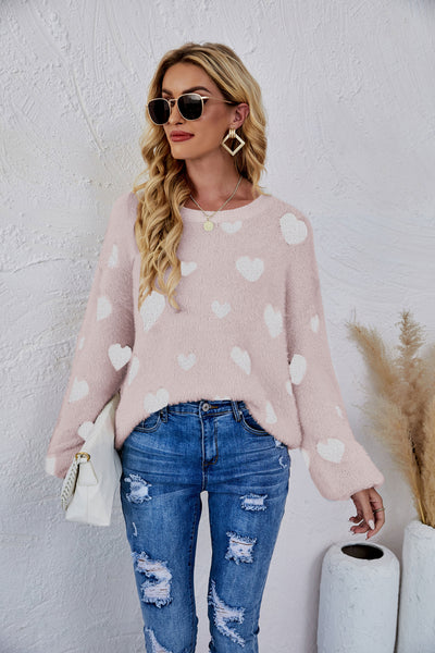 Heart Print Fuzzy Crewneck Long Sleeve Sweater - SHE BADDY© ONLINE WOMEN FASHION & CLOTHING STORE