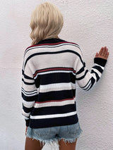 Striped Drop Shoulder Round Neck Pullover Sweater - SHE BADDY© ONLINE WOMEN FASHION & CLOTHING STORE