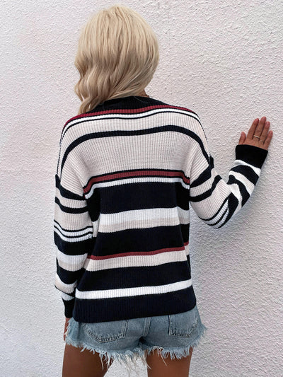 Striped Drop Shoulder Round Neck Pullover Sweater - SHE BADDY© ONLINE WOMEN FASHION & CLOTHING STORE