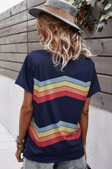 Multicolored Chevron Stripe Round Neck Side Slit T-Shirt - SHE BADDY© ONLINE WOMEN FASHION & CLOTHING STORE