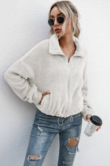 Drawstring Hem Zip Up Teddy Jacket - SHE BADDY© ONLINE WOMEN FASHION & CLOTHING STORE