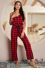 Plaid Lace Trim Spaghetti Strap Jumpsuit - SHE BADDY© ONLINE WOMEN FASHION & CLOTHING STORE