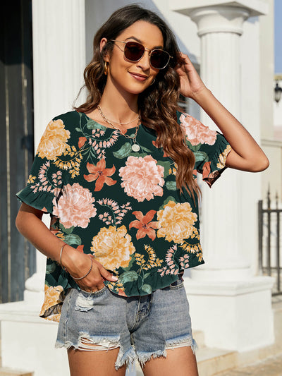 Floral Ruffled Flounce Sleeve Blouse - SHE BADDY© ONLINE WOMEN FASHION & CLOTHING STORE