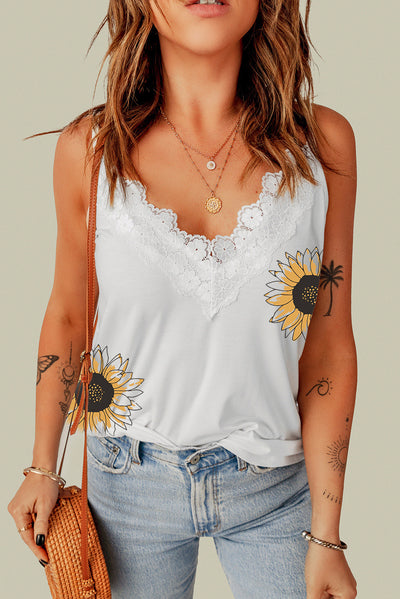 Sunflower Print Lace Trim Plunge Cami - SHE BADDY© ONLINE WOMEN FASHION & CLOTHING STORE