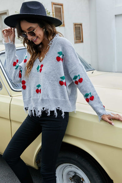 Cherry Pattern Frayed Trim V-Neck Sweater - SHE BADDY© ONLINE WOMEN FASHION & CLOTHING STORE