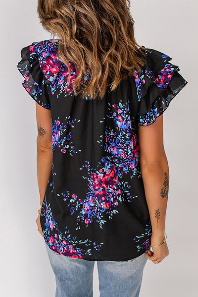 Floral Tie-Neck Flutter Sleeve Blouse - SHE BADDY© ONLINE WOMEN FASHION & CLOTHING STORE