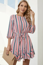 Striped Drawstring Waist Three-Quarter Sleeve Mini Dress - SHE BADDY© ONLINE WOMEN FASHION & CLOTHING STORE