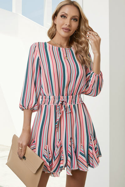 Striped Drawstring Waist Three-Quarter Sleeve Mini Dress - SHE BADDY© ONLINE WOMEN FASHION & CLOTHING STORE