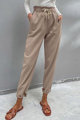 Drawstring Paperbag Waist Button Detail Pants - SHE BADDY© ONLINE WOMEN FASHION & CLOTHING STORE