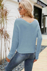 Waffle-Knit Drawstring Detail V-Neck Sweater - SHE BADDY© ONLINE WOMEN FASHION & CLOTHING STORE