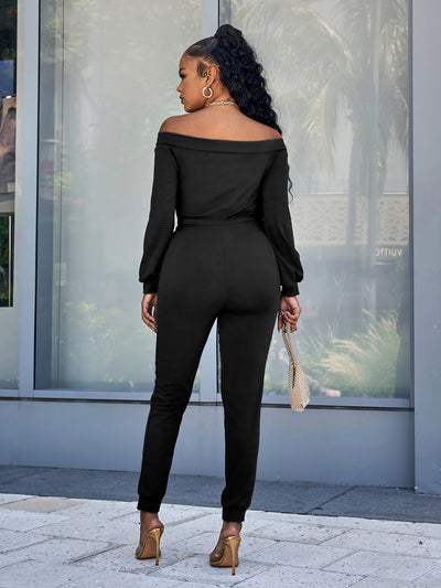 Lace-Up Off-Shoulder Long Sleeve Jumpsuit - SHE BADDY© ONLINE WOMEN FASHION & CLOTHING STORE