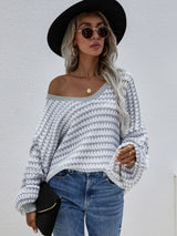 Striped Drop Shoulder V-Neck Pullover Sweater - SHE BADDY© ONLINE WOMEN FASHION & CLOTHING STORE