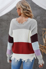 Color Block Distressed V-Neck Ribbed Sweater - SHE BADDY© ONLINE WOMEN FASHION & CLOTHING STORE