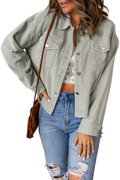 Raw Hem Button Down Corduroy Jacket with Pockets - SHE BADDY© ONLINE WOMEN FASHION & CLOTHING STORE