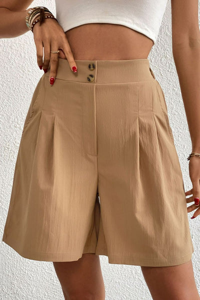 Buttoned Elastic Waist Pleated Detail Shorts - SHE BADDY© ONLINE WOMEN FASHION & CLOTHING STORE