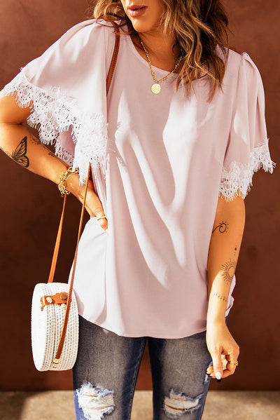 Lace Trim Flutter Sleeve Blouse - SHE BADDY© ONLINE WOMEN FASHION & CLOTHING STORE