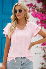 Eyelet Tie-Neck Flutter Sleeve Blouse - SHE BADDY© ONLINE WOMEN FASHION & CLOTHING STORE