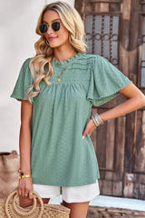 Frill Trim Round Neck Eyelet Puff Sleeve Blouse - SHE BADDY© ONLINE WOMEN FASHION & CLOTHING STORE