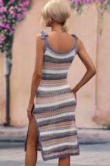 Striped Tie Shoulder Split Cover Up Dress - SHE BADDY© ONLINE WOMEN FASHION & CLOTHING STORE