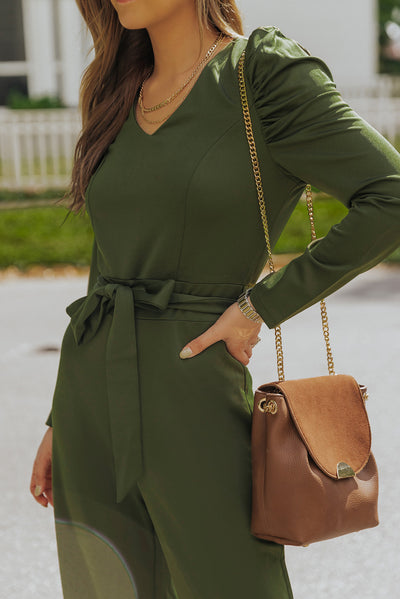 Belted Long Puff Sleeve V-Neck Jumpsuit - SHE BADDY© ONLINE WOMEN FASHION & CLOTHING STORE