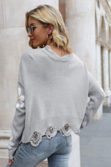 Flower Distressed Ribbed Trim Sweater - SHE BADDY© ONLINE WOMEN FASHION & CLOTHING STORE