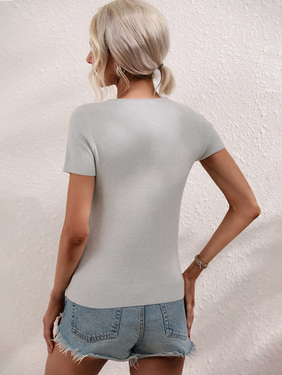 Cutout Round Neck Short Sleeve Knit Top - SHE BADDY© ONLINE WOMEN FASHION & CLOTHING STORE